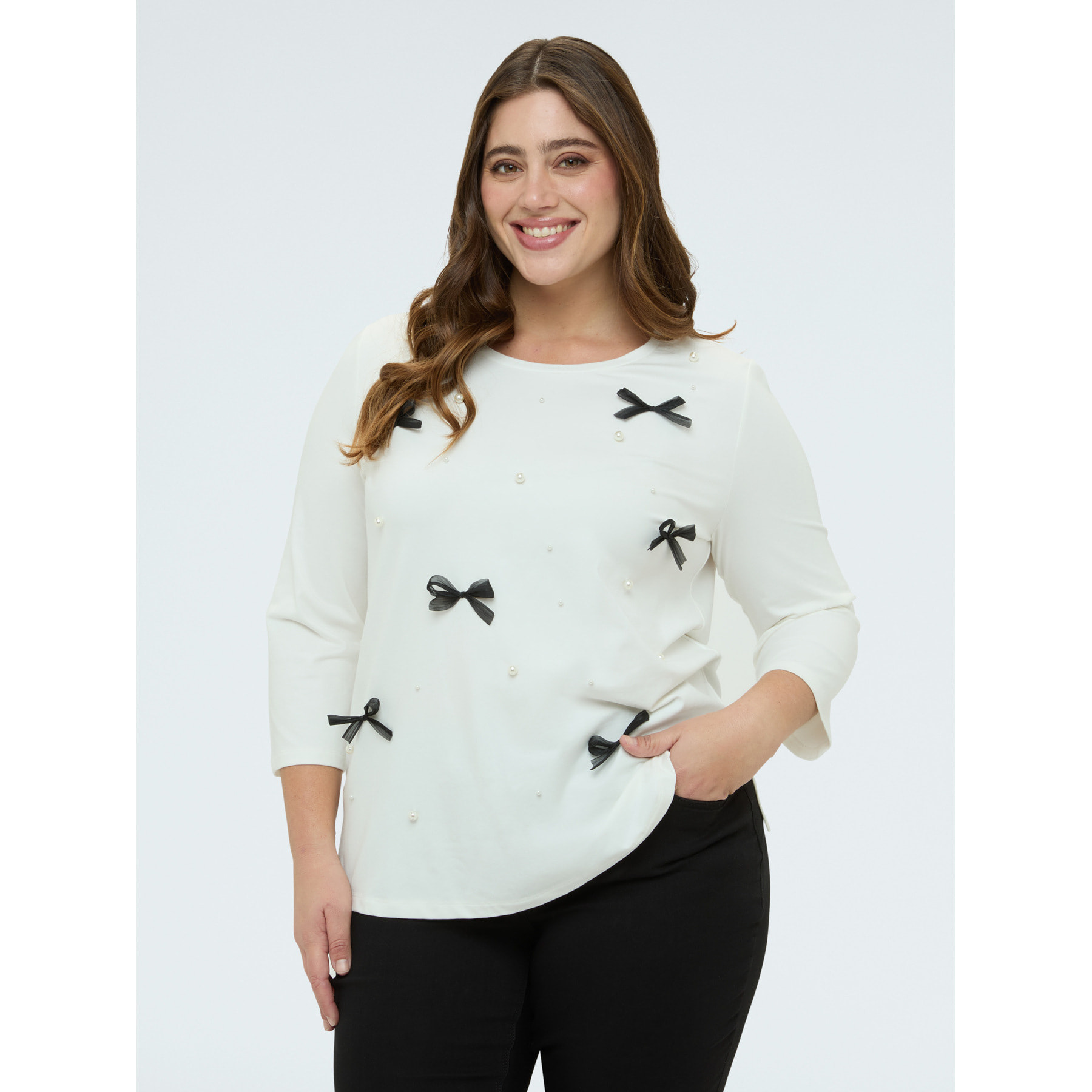 Fiorella Rubino - T-shirt in cotone con perle e fiocchetti - Bianco