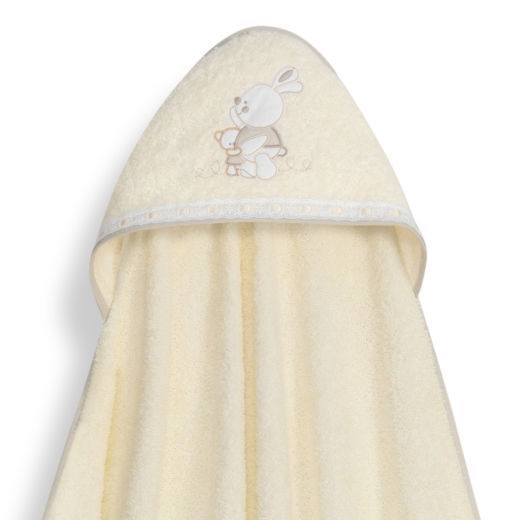 Capa Baño 1X1 Mod Conejitos Abrazos Pasacinta + Gorro Beig