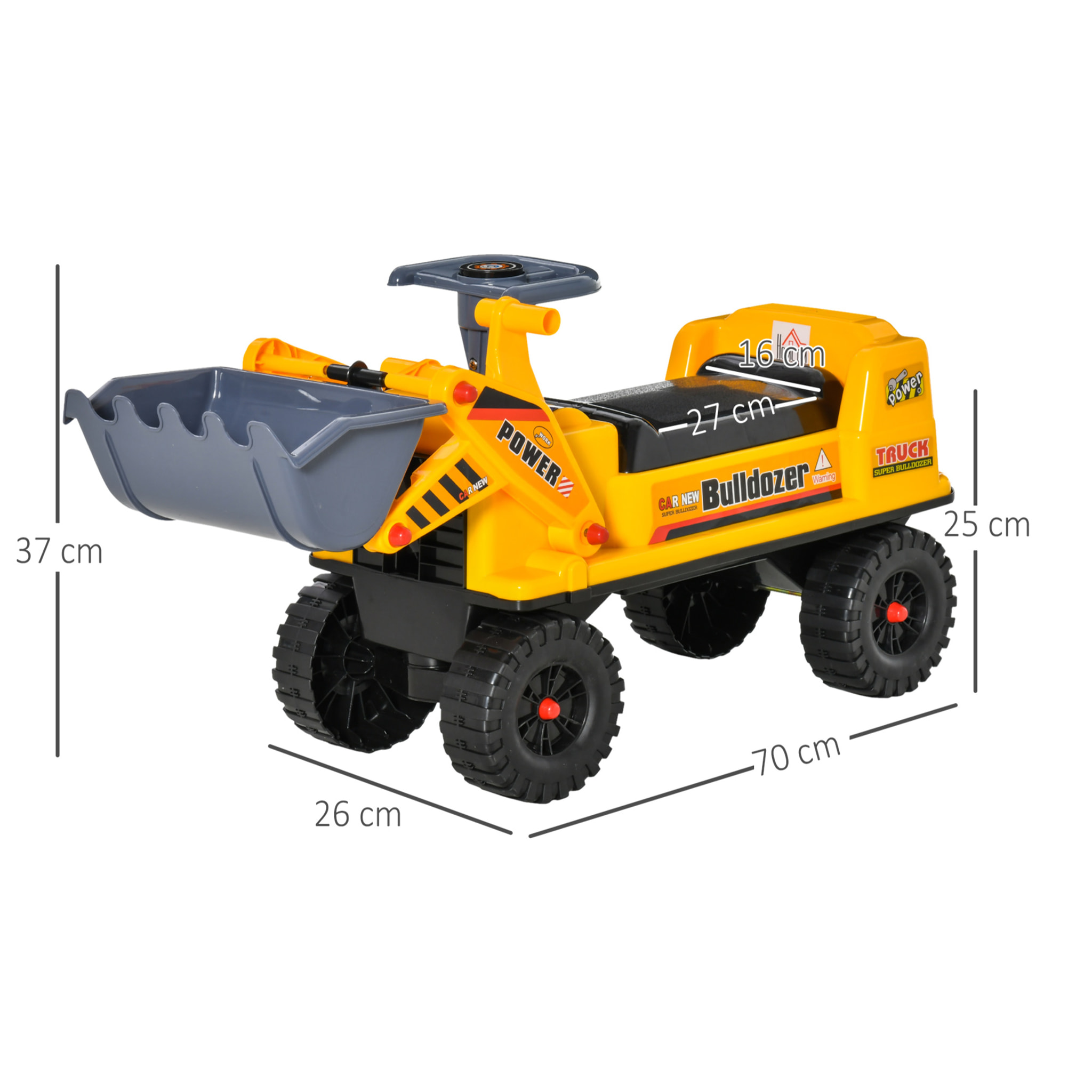 Camion Correpasillos Tractor sin Pedales para Niños de 2-3 Años con Pala Excavadora Espacio de Almacenaje Oculto y Bocina 70x26x37 cm Amarillo