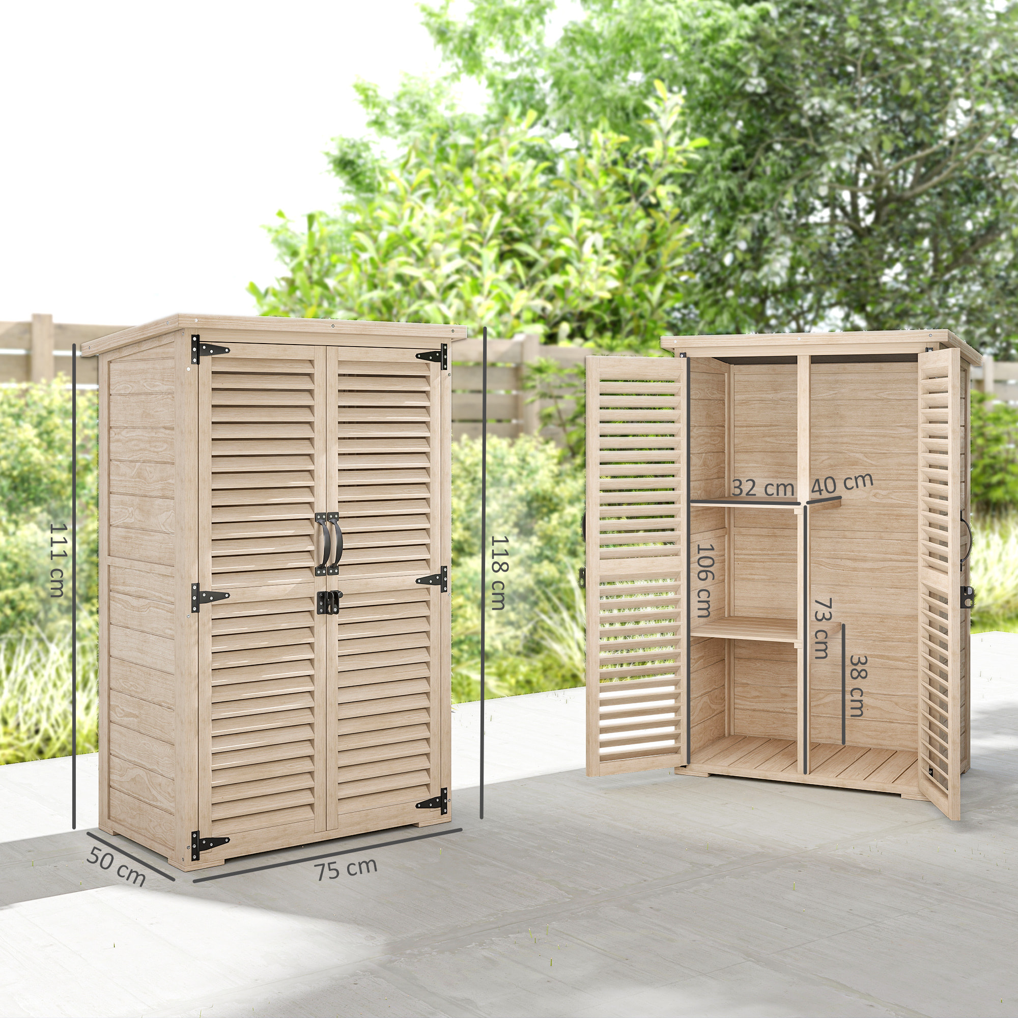 Caseta de Jardín de Madera, 75x50x118 cm, Cobertizo Jardín Exterior, Armario para Almacenaje Herramientas, con 2 Puertas de Persiana 2 Estantes y Techo Impermeable para Patio Terraza, Natural