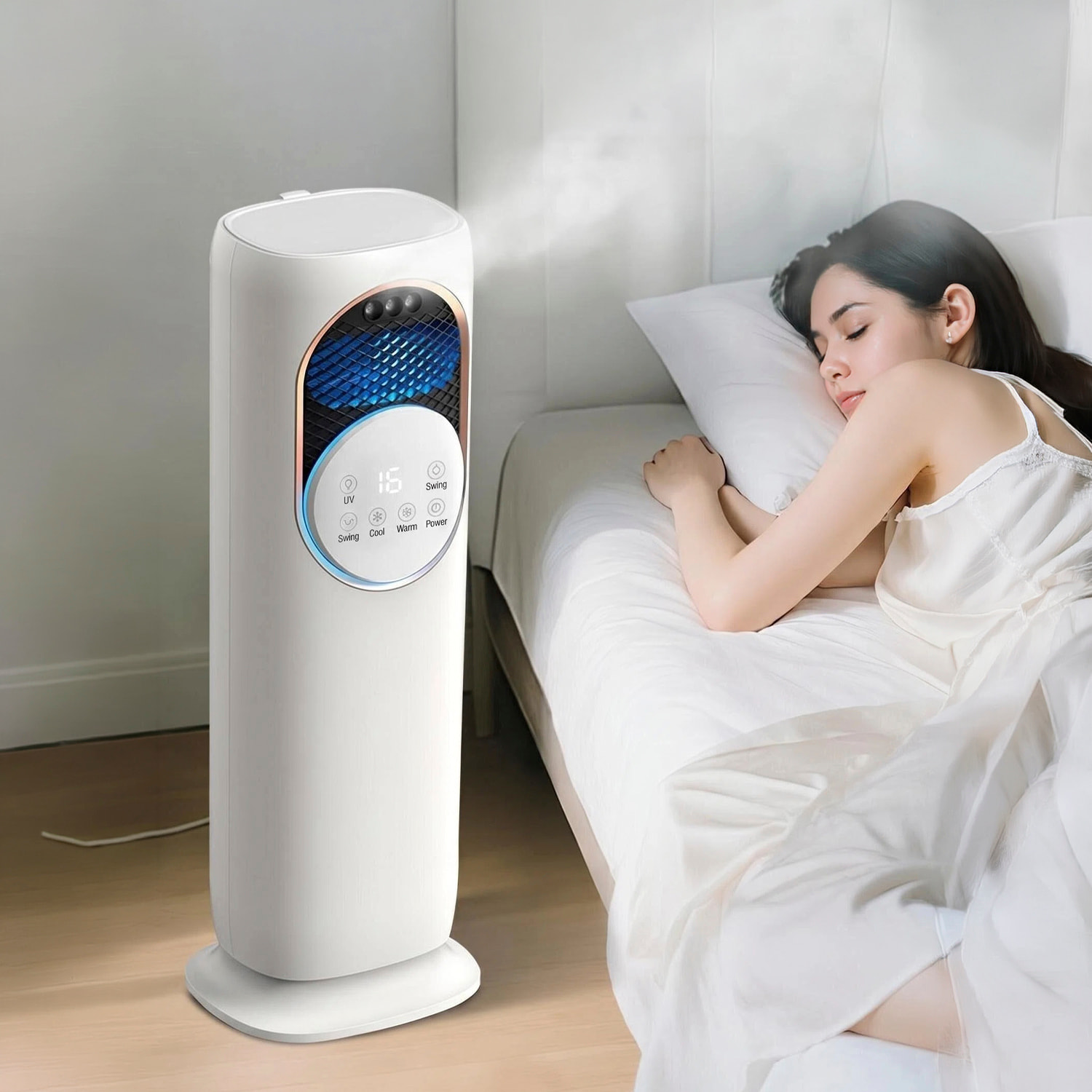 Climatizador multifunción sin aspas Q9, con calefacción y refrigeración. Con tanque de agua de 1,2L, pantalla táctil, luz esterilizadora y mando de control remoto.