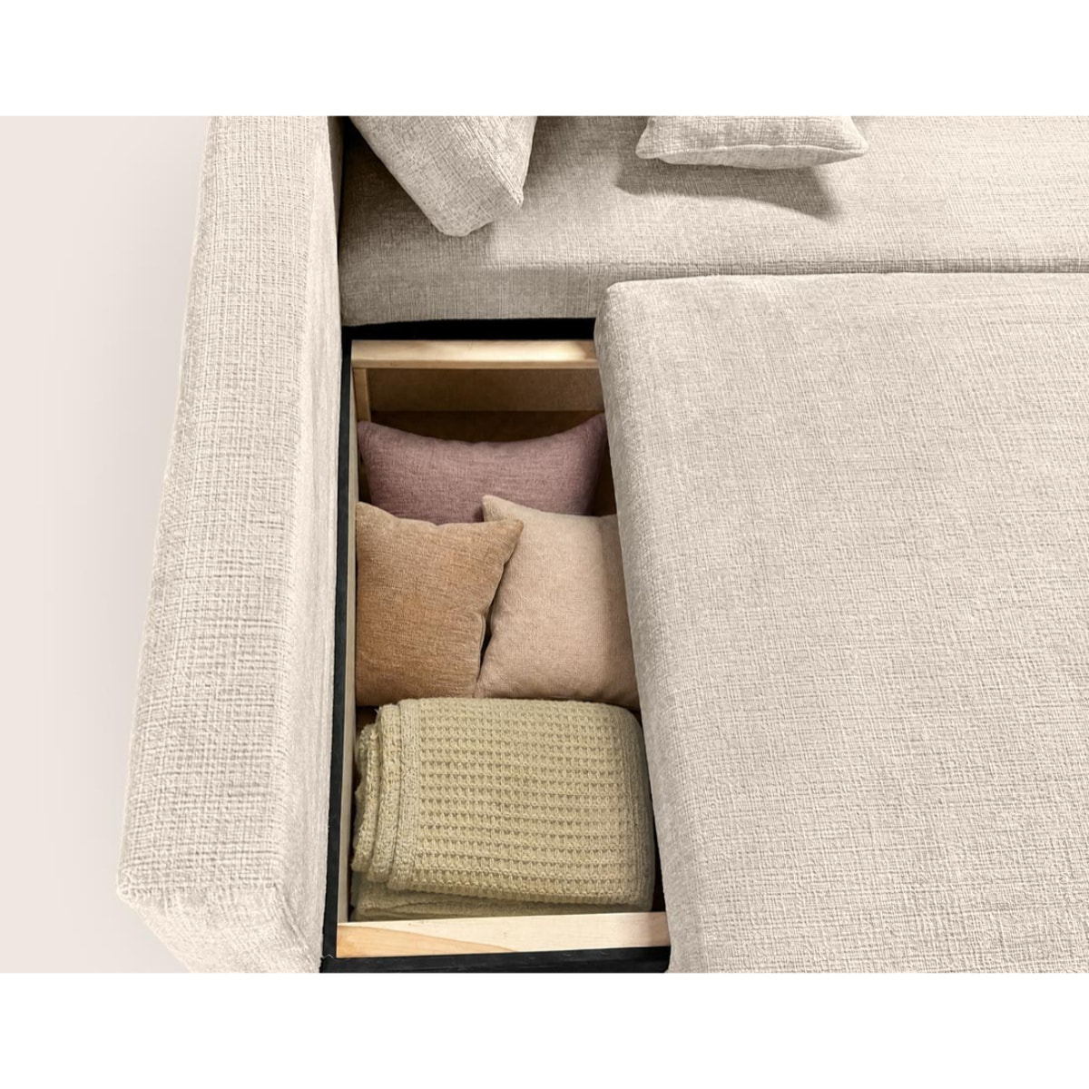 Miro - Canapé d'angle droit 4 places convertible avec coffre en velours texturé - Beige