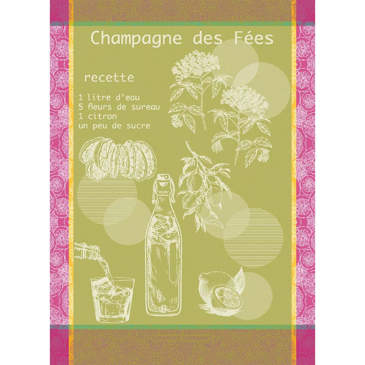 Torchon pur coton motif jacquard rose vert Champagne des fees mousse