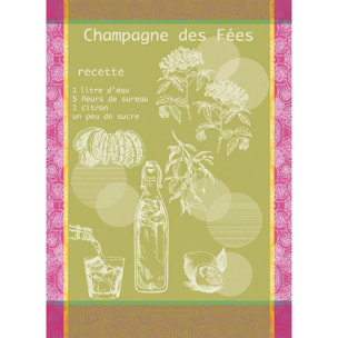 Torchon pur coton motif jacquard rose vert Champagne des fees mousse