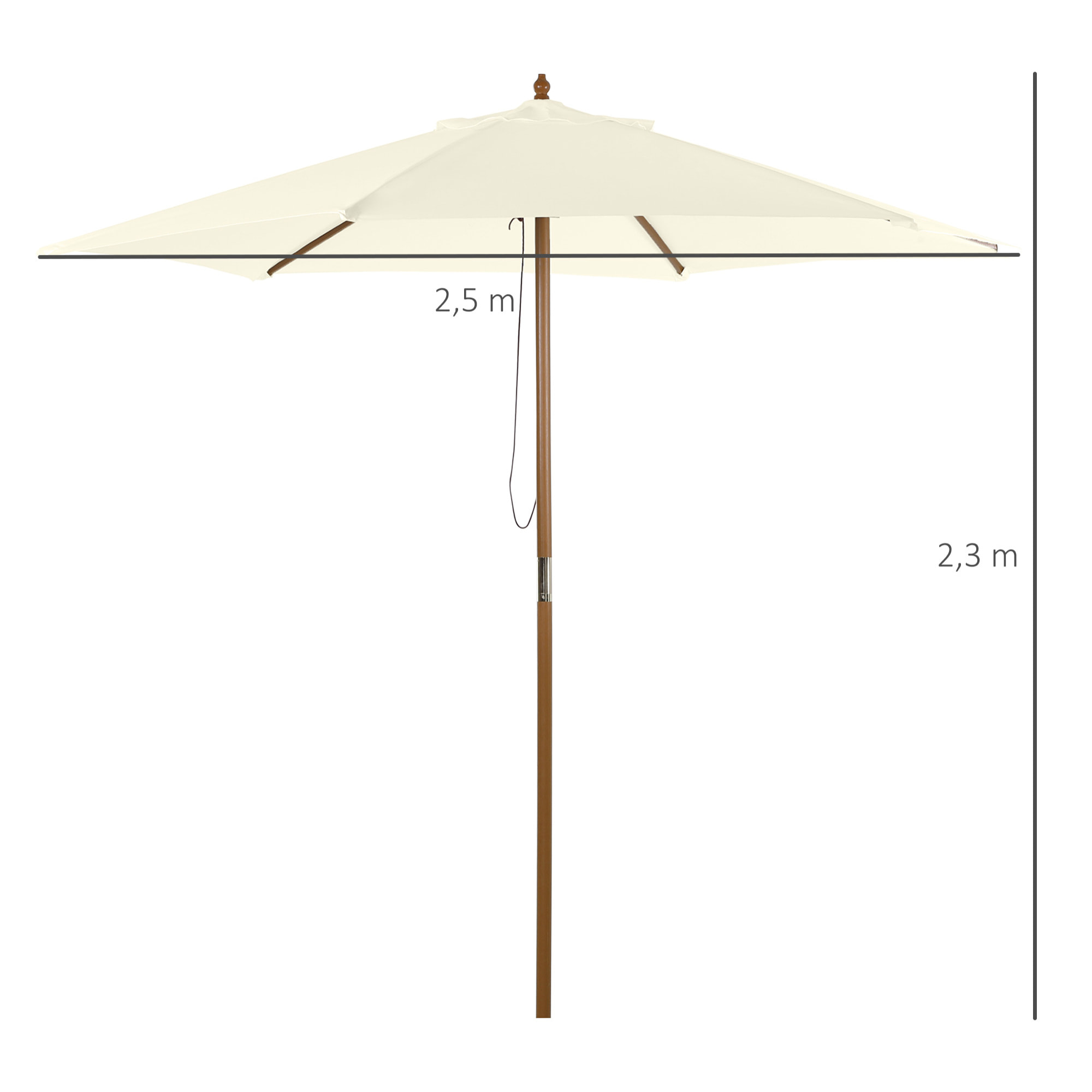 Parasol droit hexagonal de jardin grande taille dim. Ø 2,5 x 2,3H m bambou polyester crème