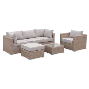 Salon de jardin Premium en résine tressée arrondie – VINCI – Résine naturelle style osier. coussins beiges – 5 places. haut de gamme