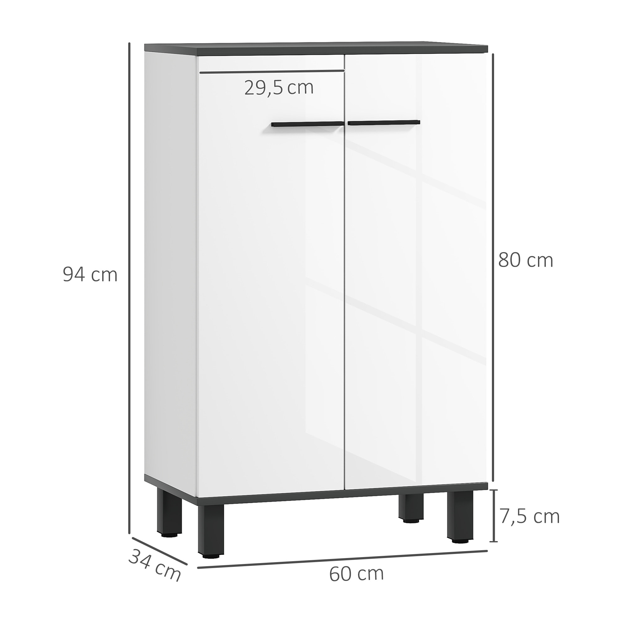 Armario de Baño Mueble Auxiliar de Baño con Puertas Estantes Ajustables y Sistema Anti-vuelco 60x34x94 cm Blanco Brillo