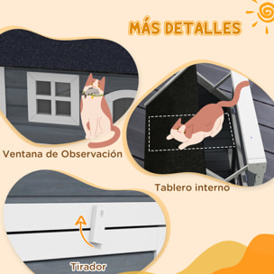 PawHut Casa para Gatos de Madera Caseta para Gatos con Techo Asfáltico Abatible Ventana y Puertas con Cortina Refugio para Mascotas para Exterior 77x57,5x68 cm Gris y Negro