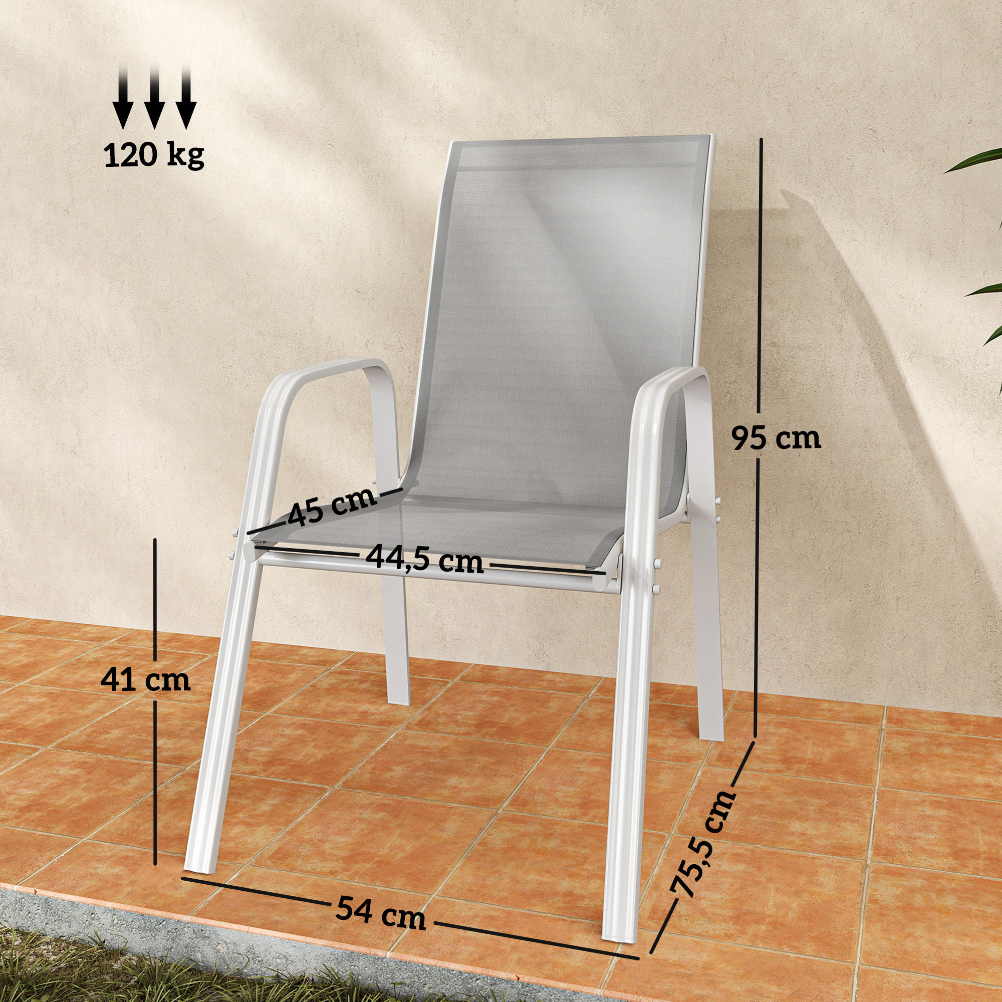 Juego de 4 Sillas de Jardín Exterior Sillas Terraza Exterior Apilables Sillón de Comedor con Tela Transpirable Marco de Metal Reposabrazos y Respaldo 54x75,5x95 cm Gris Claro