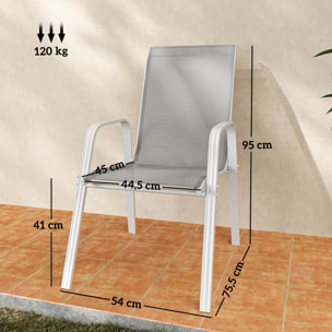 Juego de 4 Sillas de Jardín Exterior Sillas Terraza Exterior Apilables Sillón de Comedor con Tela Transpirable Marco de Metal Reposabrazos y Respaldo 54x75,5x95 cm Gris Claro