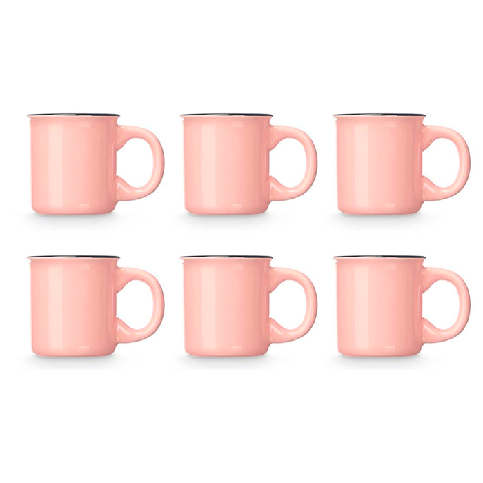 Set di 6 tazze rosa in porcellana per caffè con supporto in metallo. Capacità di 100 ml.