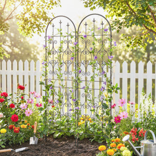 Treillis de jardin effet fer forgé pointe de fleur de lys  - 2 supports plantes grimpantes - 50 x 180 cm - métal époxy noir