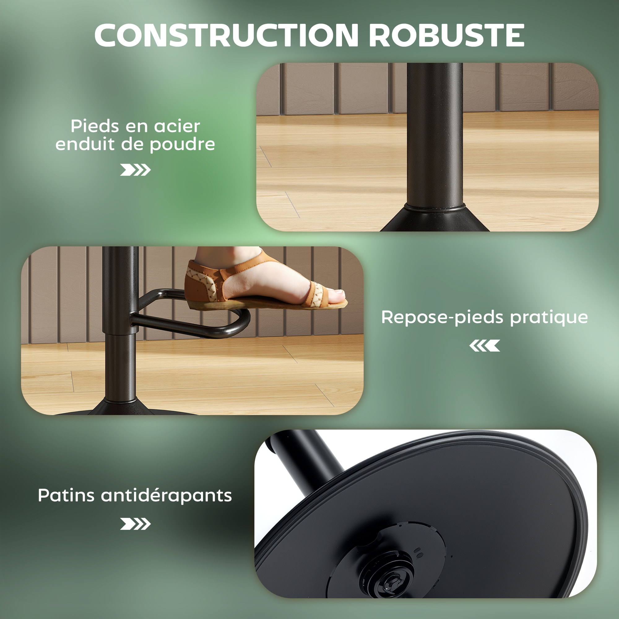 Lot de 2 tabourets de bar tissu vert hauteur réglable piètement acier noir mat