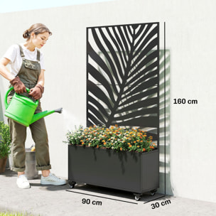 Jardinière mobile treillis haut design graphique feuille exotique 90 x 30 x 160 cm métal époxy noir