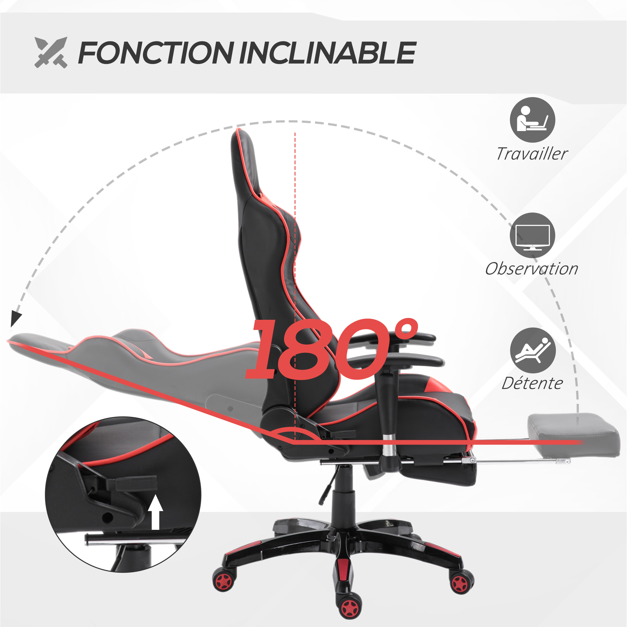 Chaise de bureau gaming style baquet racing pivotant inclinable réglable avec coussins repose-pieds synthétique noir rouge