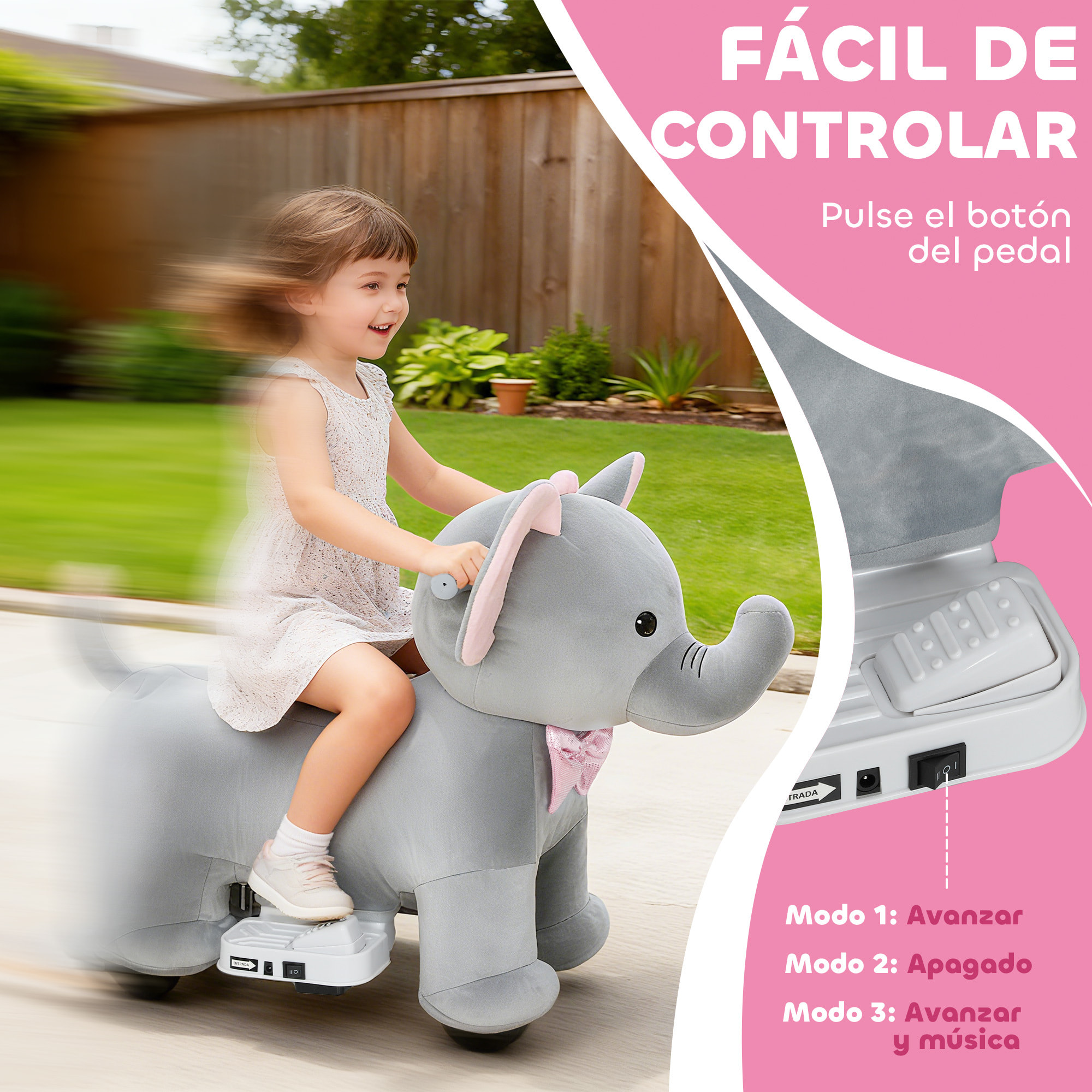 Elefante Eléctrico con Música, Batería 6V, Caballo de Juguete Eléctrico, Tacto Suave, Ruedas Silenciosas de PU, Pedal, Marcha Adelante, Regalo para Niños y Niñas de 1,5 a 5 Años, Gris