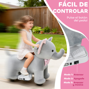 Elefante Eléctrico con Música, Batería 6V, Caballo de Juguete Eléctrico, Tacto Suave, Ruedas Silenciosas de PU, Pedal, Marcha Adelante, Regalo para Niños y Niñas de 1,5 a 5 Años, Gris