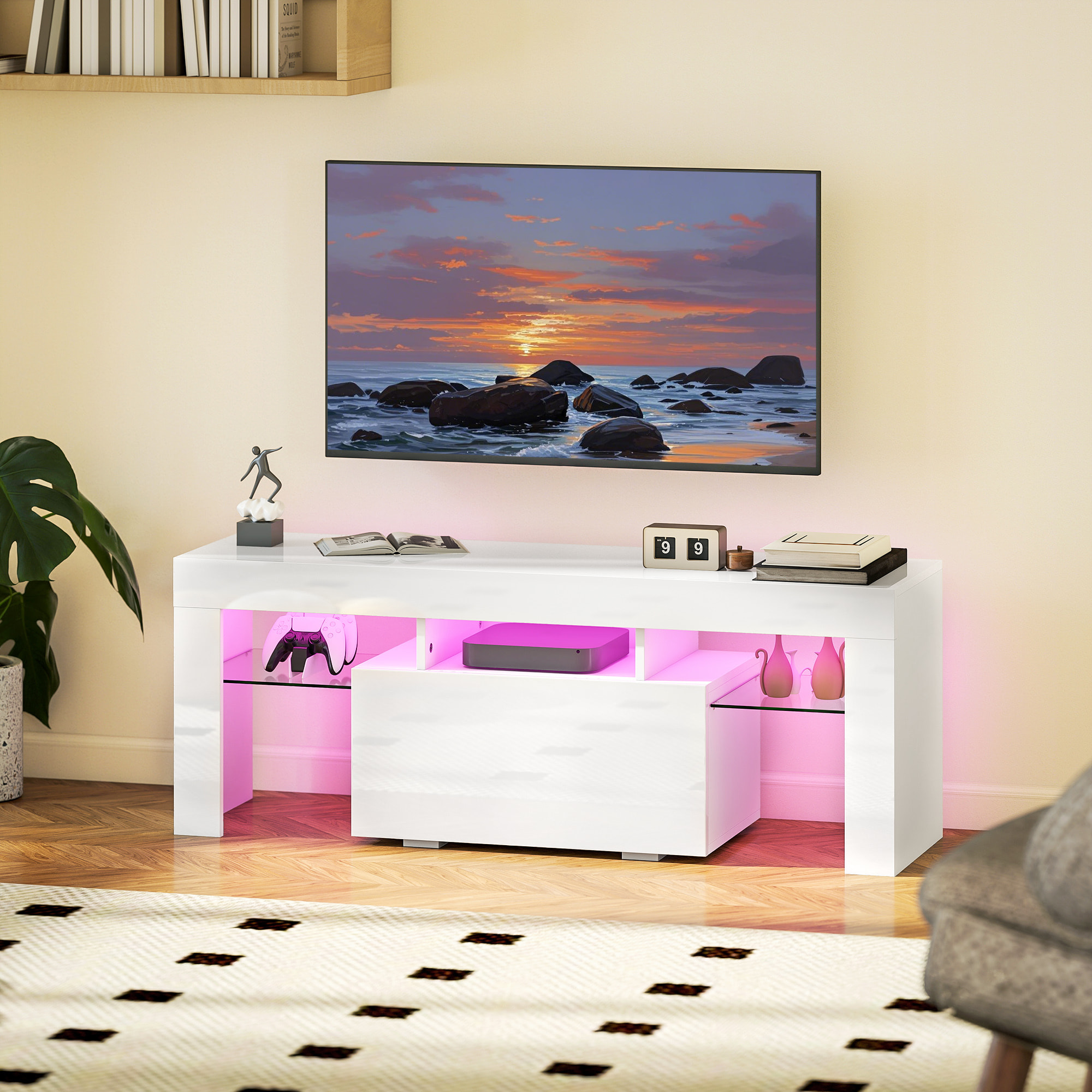 Meuble TV design blanc laqué LED réglable - 2 étagères verre trempé, niche, porte - dim. 120 x 34 x 45 cm