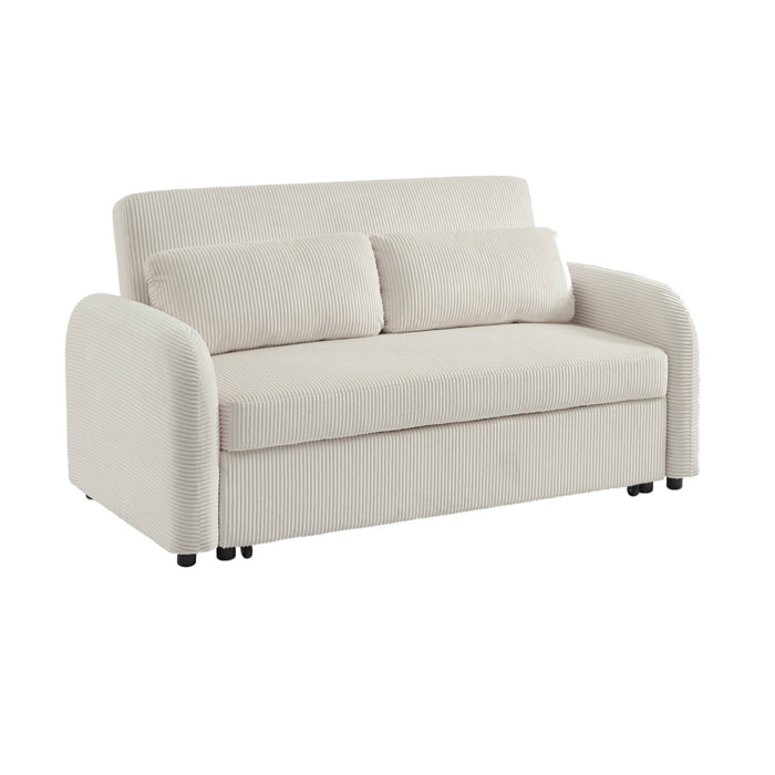 Canapé convertible arrondi 2 places velours côtelé blanc L 168 x P 90 x H 88cm - Lino