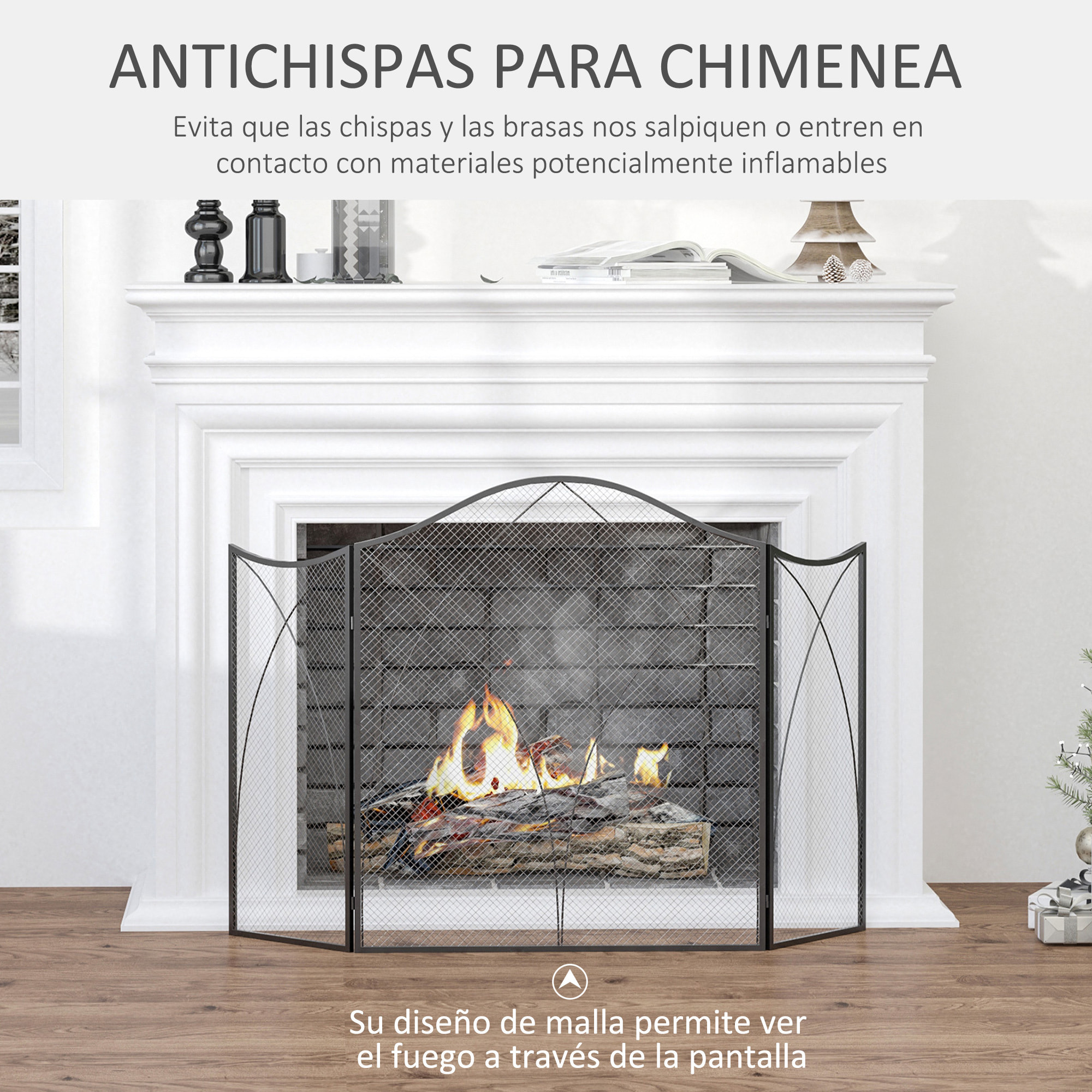 HOMCOM Salvachispas Plegable Pantalla Protectora de Chimenea 3 Paneles con Bisagras y Estructura de Metal Decorativa 126x2x76 cm Negro