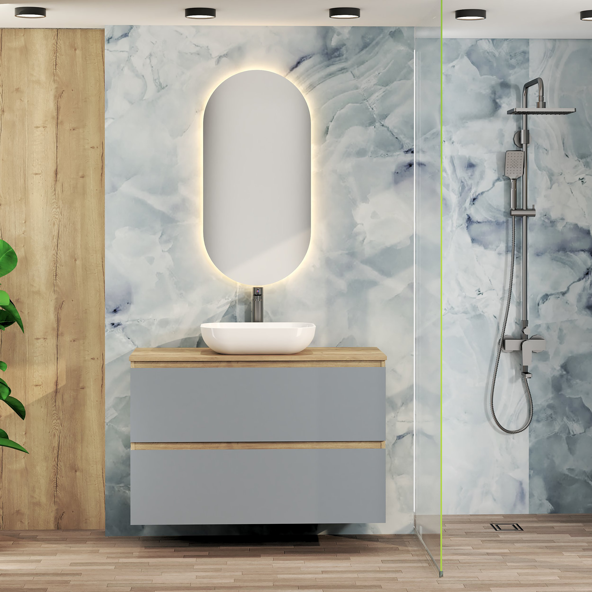 Ensemble de Salle de Bain Nia | Meuble Suspendu | 100 cm Bleu | Deux Tiroirs |Lavabo sur Plan | Miroir non inclus | Meuble Monté | Alday