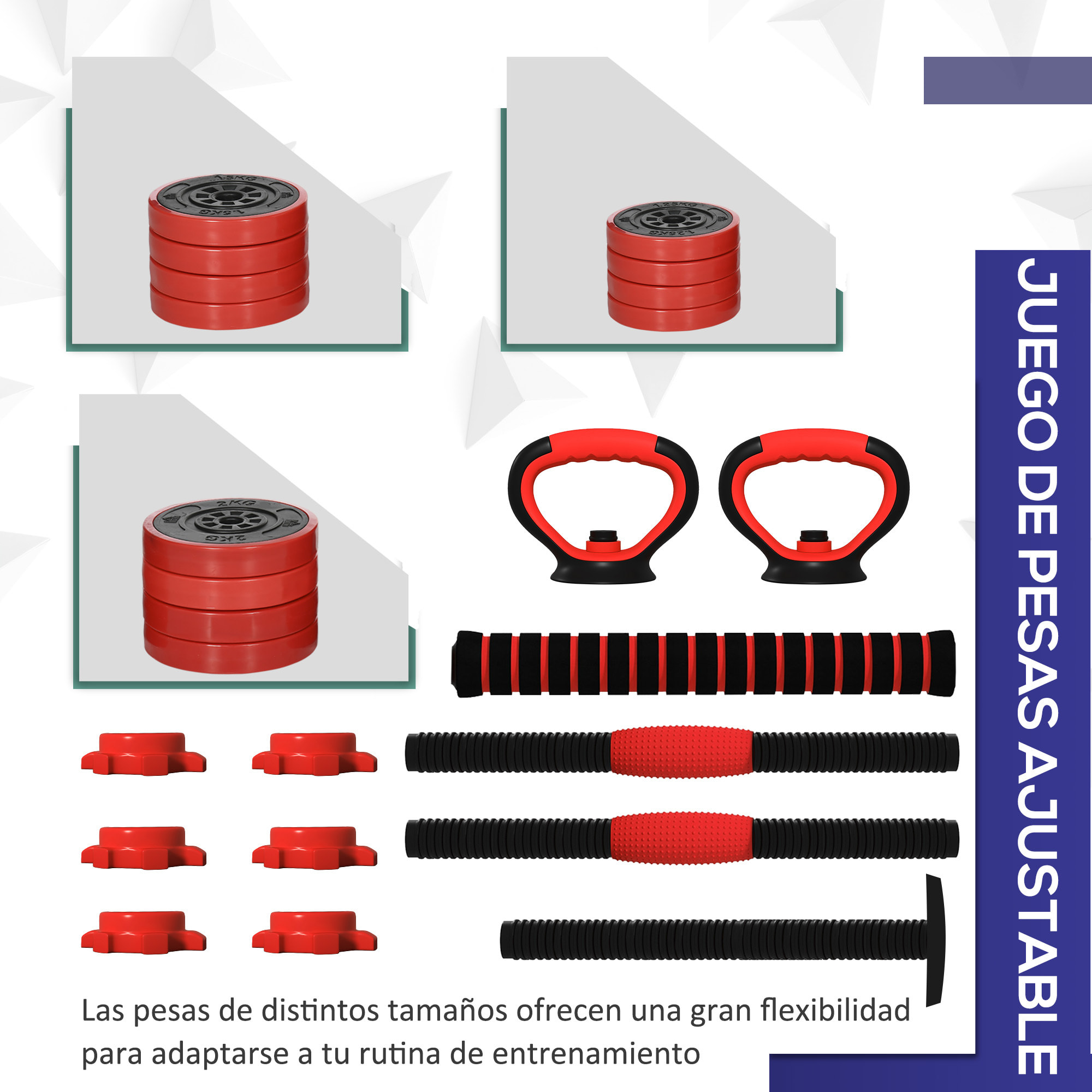 Kit de Mancuernas Ajustables 20kg 4 en 1 Juego de Pesas con Kettlebell Barra de Pesas para Entrenamiento de Fuerza en Hogar Gimnasio Oficina Rojo
