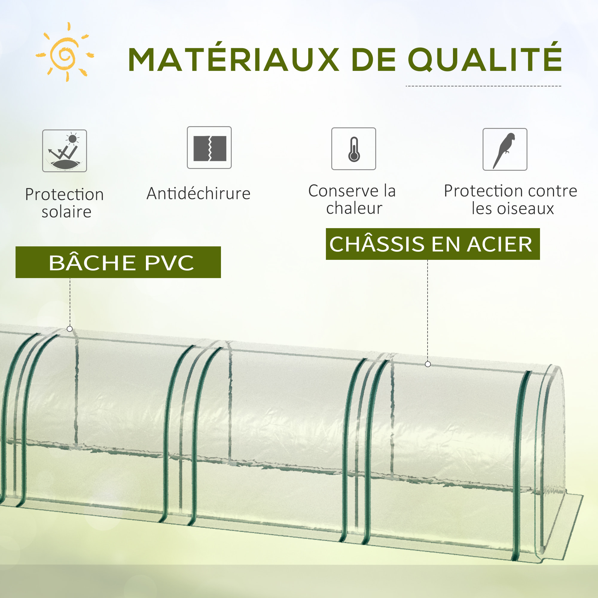 Serre de jardin tunnel 2,95L x 1l x 0,8H m 3 portes zippées bâche PVC transparent métal époxy vert