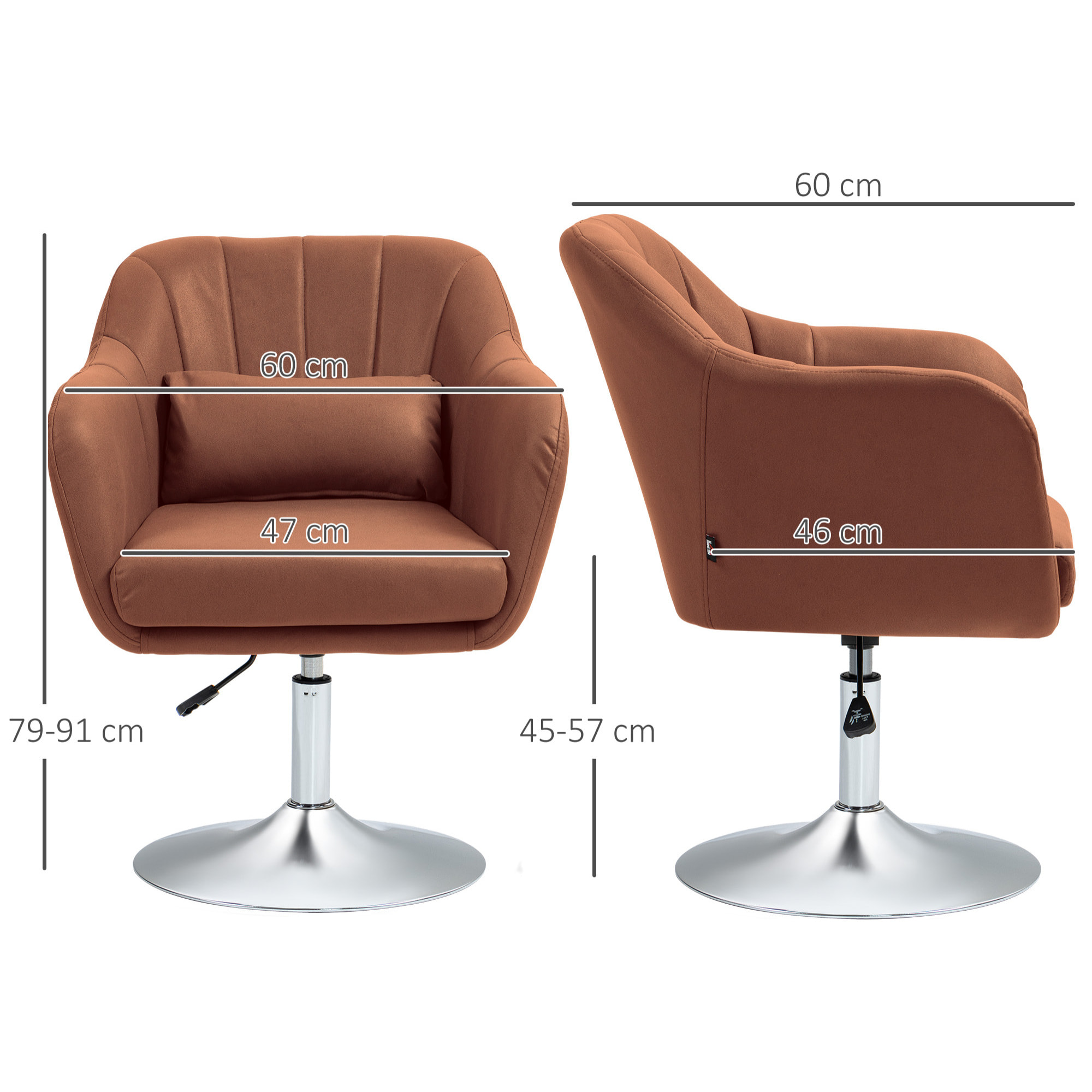 Fauteuil lounge design grand confort coussins lombaires hauteur réglable pivotant 360° piètement métal chromé lin marron