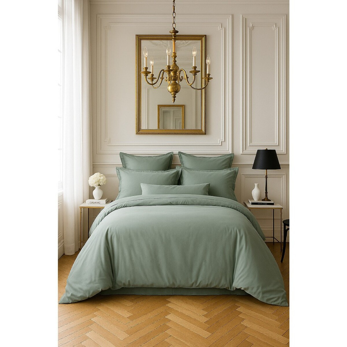 Housse de couette satin de coton vert celadon
