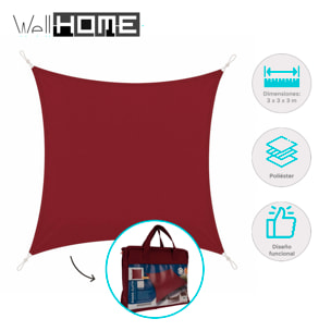 Paño de sombra cuadrado en poliéster rojo burdeos 3x3m, con ganchos de metal y bolsa de transporte