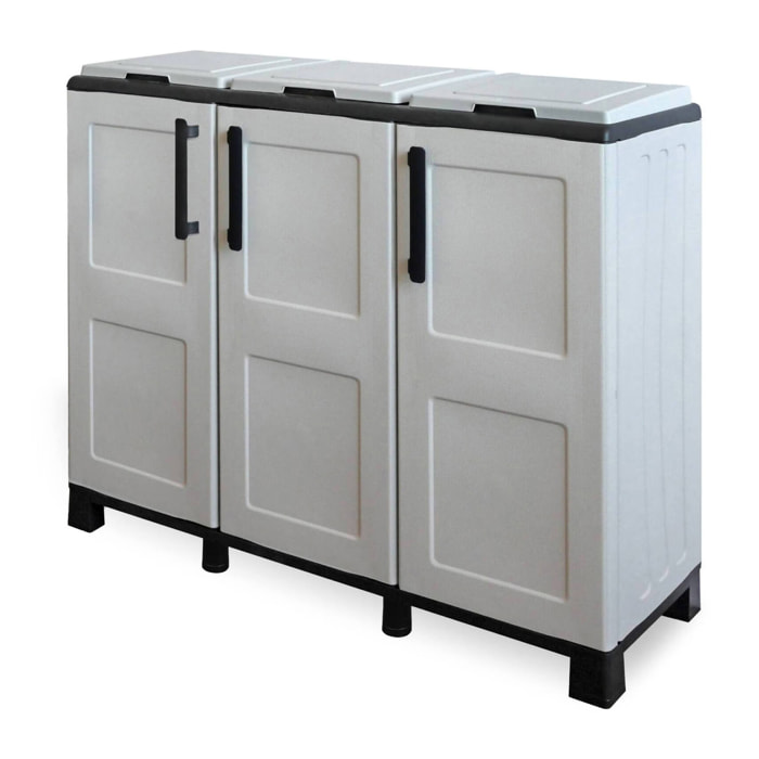 Armadio portarifiuti da esterno o interno, Mobile porta 3 sacchi a 3 ante, 100% Made in Italy, cm 102x37h90, colore Grigio chiaro