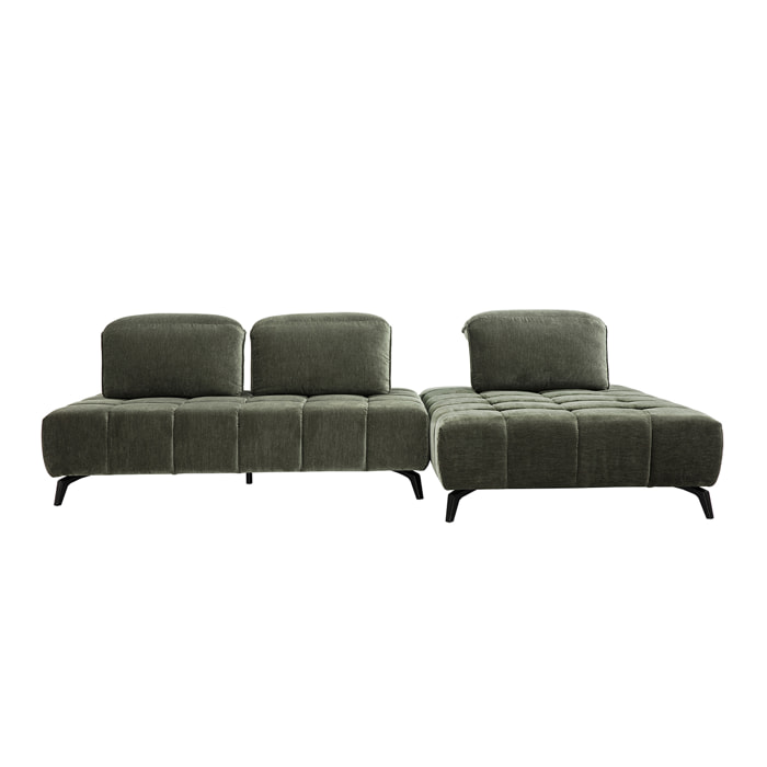 Canapé modulable 4 places avec têtières ajustables en tissu effet velours vert kaki et métal noir OLMO