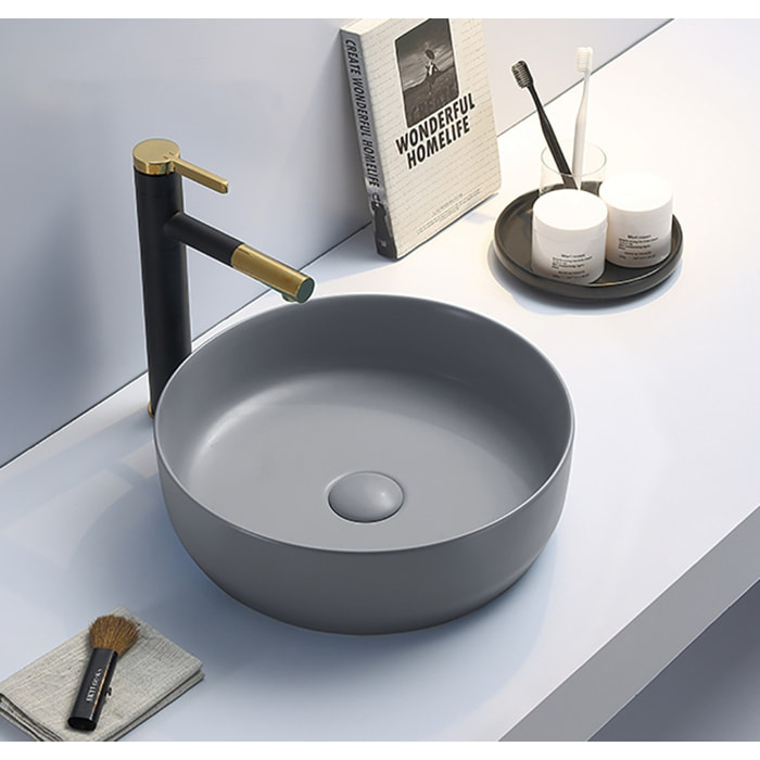 Set vasque à poser 39x39x12cm sans trop-plein, bonde à écoulement libre Infinitio gris mat SetSATINF-gris