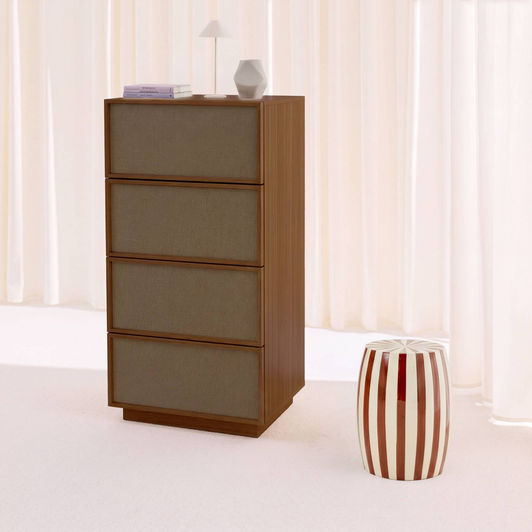 Chiffonnier décor bois et tissu 4 tiroirs KUBA