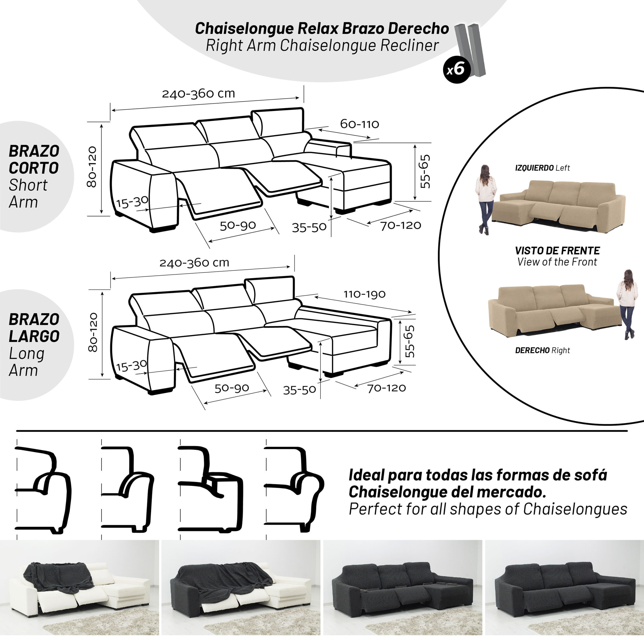 Funda para Chaise Longue derecha (visto de frente ) brazo largo SÚPER ELÁSTICA con RELAX modelo HELENA