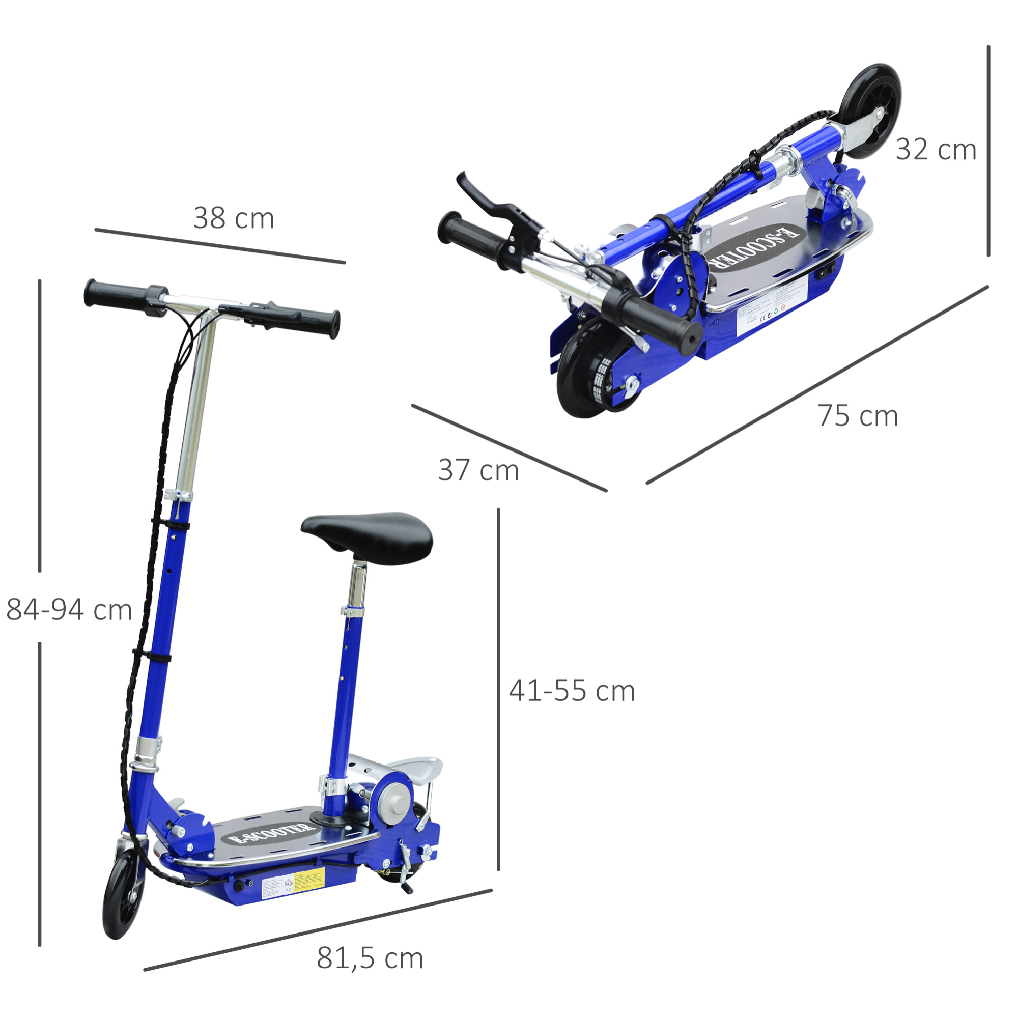 Trottinette électrique 120 W pliable pour enfant de 7 à 12 ans hauteur guidon et selle réglable 10 Km/h max. bleu