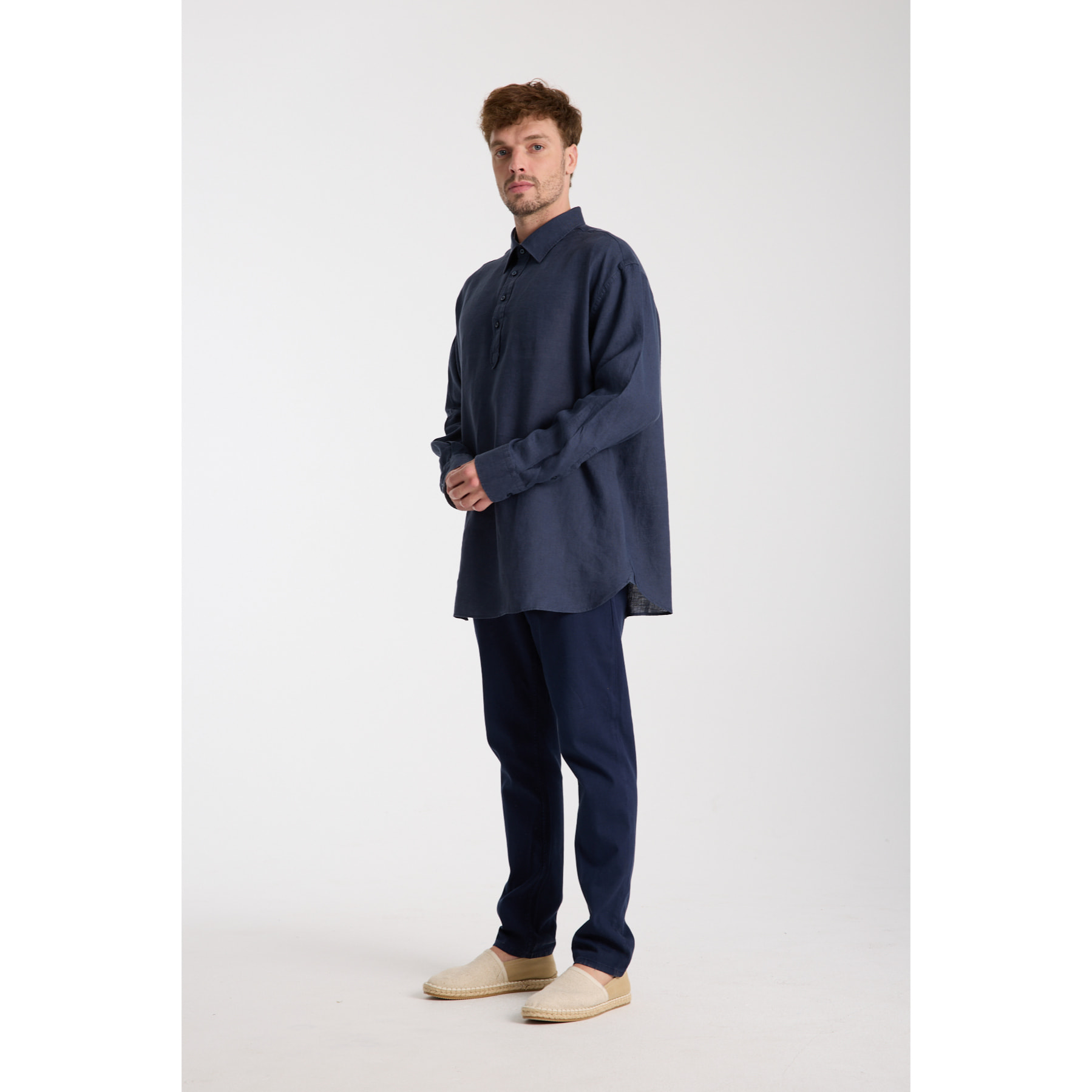 Camicia Uomo 1 Bottone Italiano Lino Unito Blu