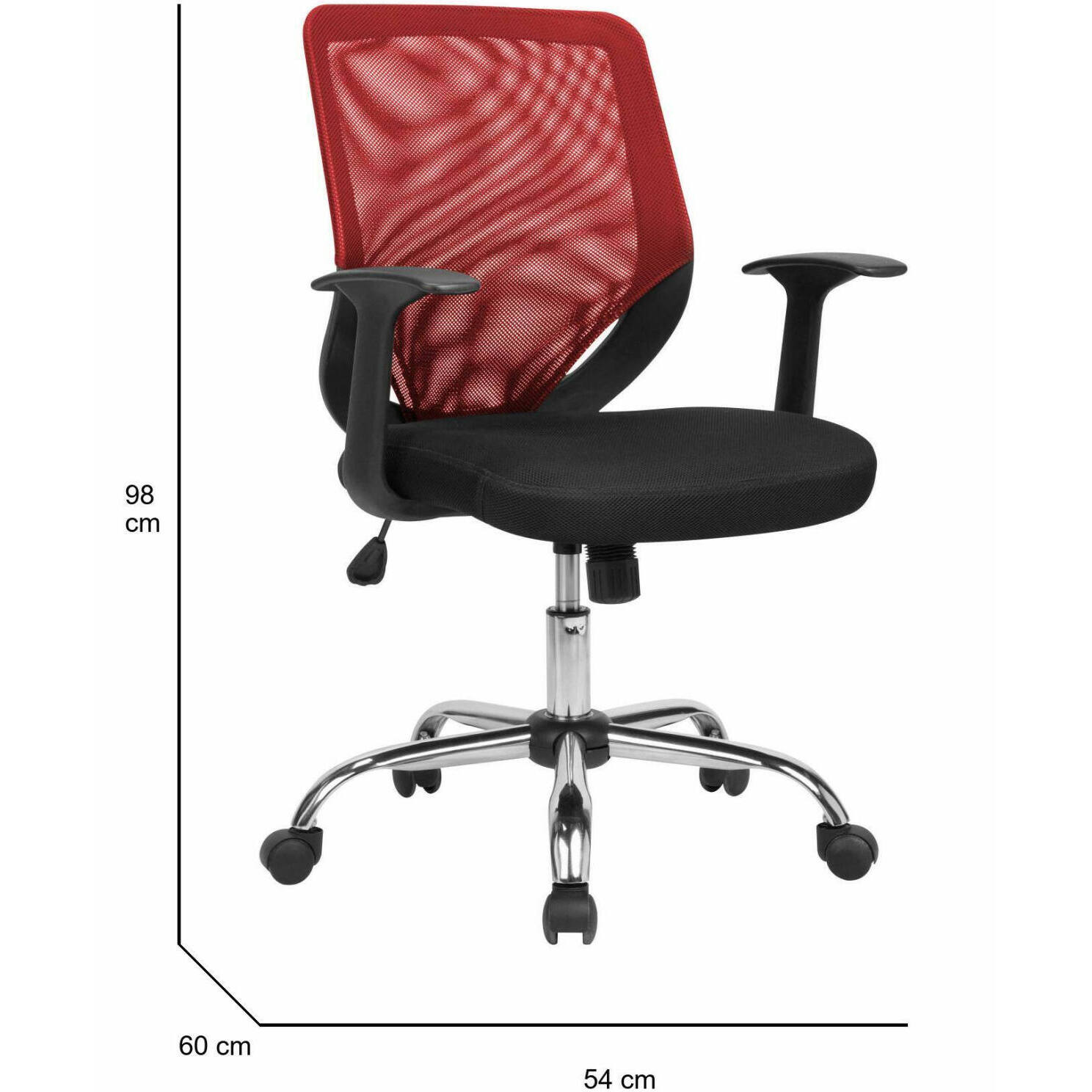 Sedia da ufficio Albany, Poltrona direzionale a rete con braccioli, Seduta ergonomica da ufficio, 60x54h90/98 cm, Nero e Rosso