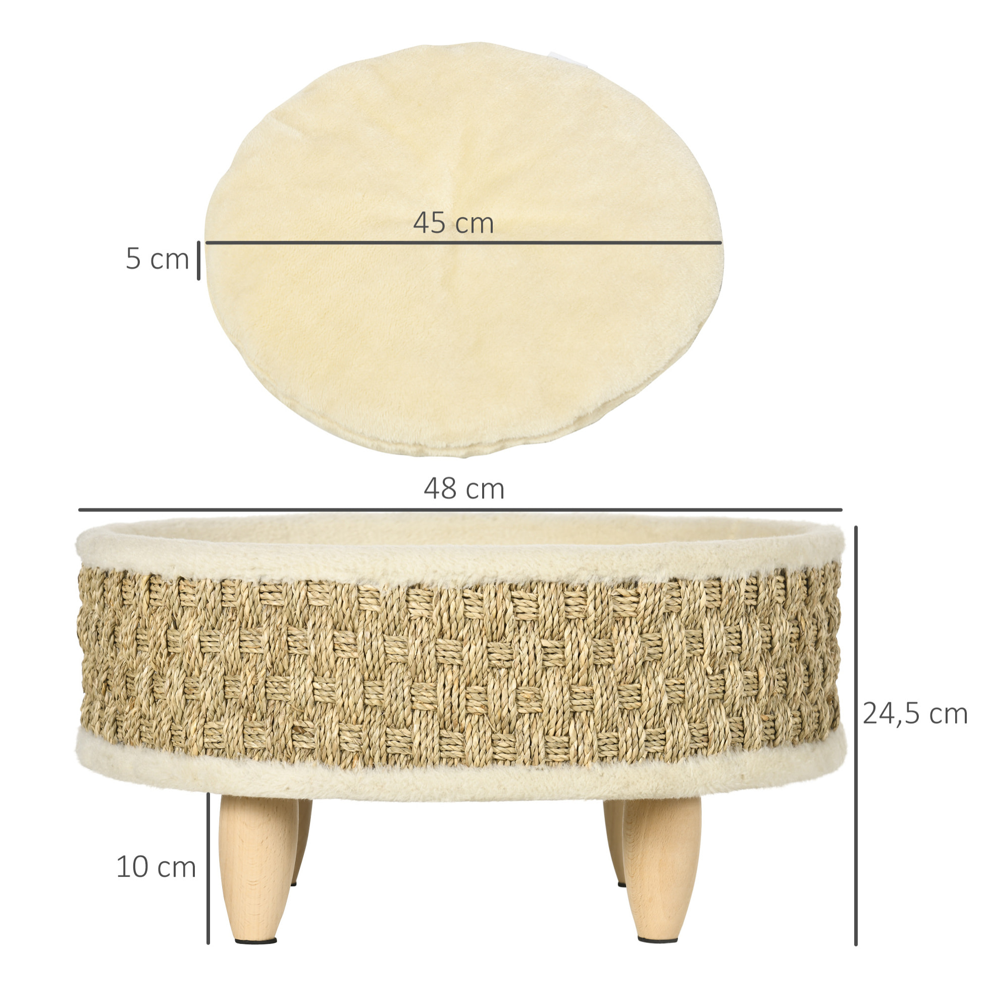 Canapé panier lit chien chat style cosy naturel - coussin inclus - dim. Ø 48 x 24,5H cm - bois pin jonc de mer