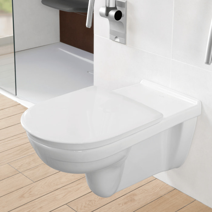 Cuvette WC suspendu PMR sans bride VILLEROY & BOCH ViCare blanc + Abattant WC amovible frein de chute