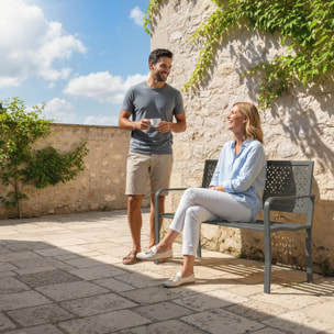 Banc de jardin dossier géométrique - avec accoudoirs - métal époxy - 2 places - gris foncé