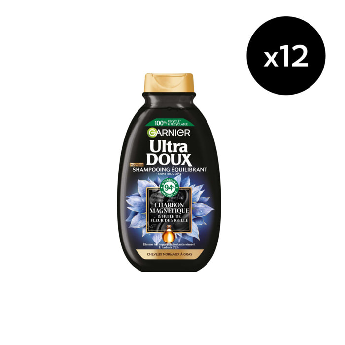 Lot de 12 - Garnier Ultra Doux Shampooing Equilibrant Charbon Magnétique 250ml