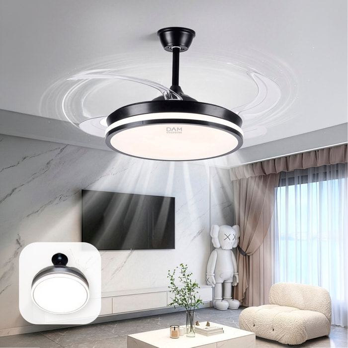 Ventilatore da soffitto L433 da 107 cm, pale retrattili, motore DC da 30 W, luce LED dimmerabile da 60 W, 6 velocità, modalità estate/inverno. Telecomando incluso.