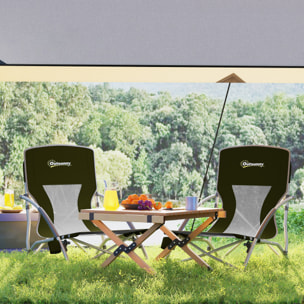 Pack de 2 Sillas de Playa Plegables Ligeras Sillas de Camping Portátiles Bajas con Respaldo de Malla Tela Oxford 600D Portavasos Reposabrazos Bolsa para Acampada Carga 120 kg Negro