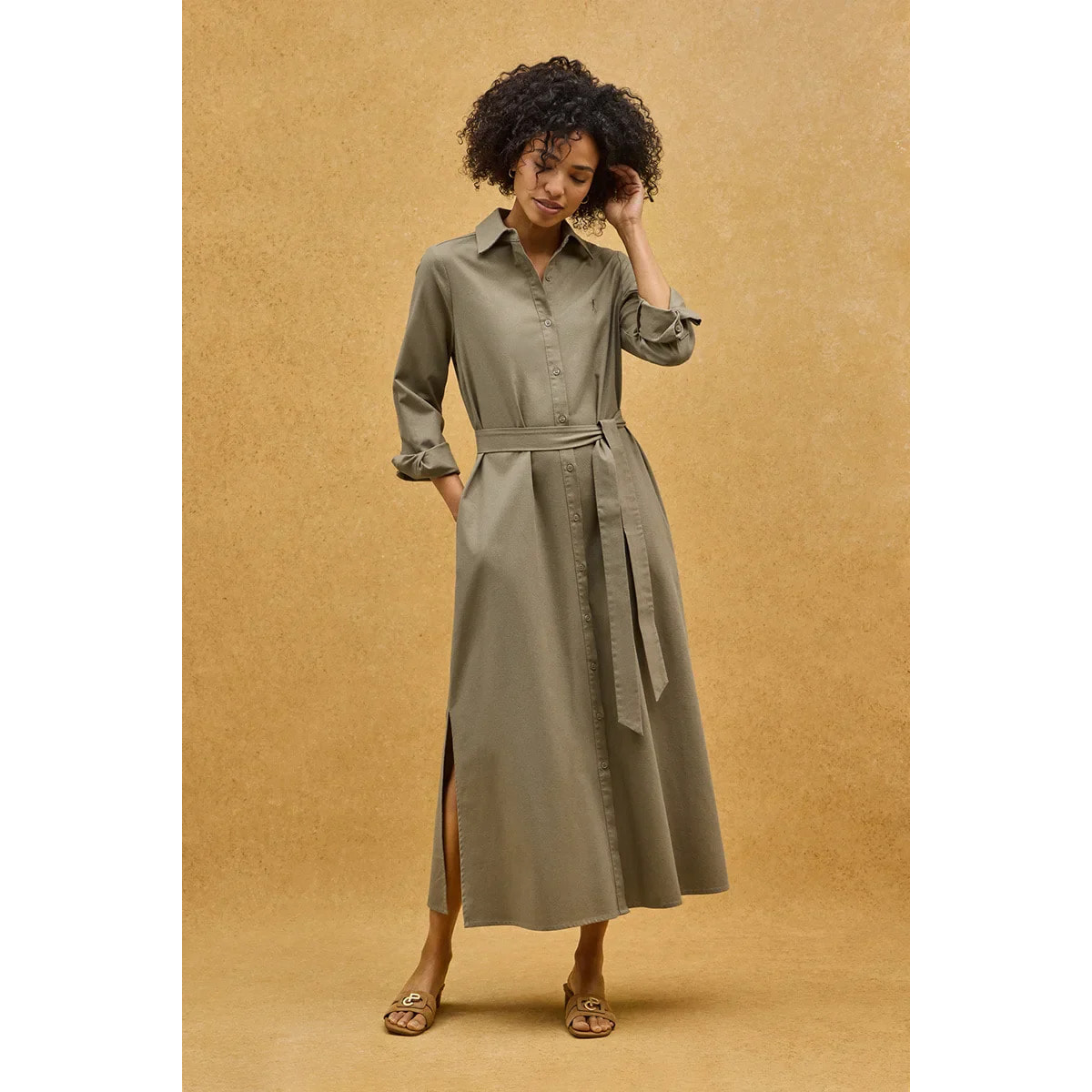 Vestito chemisier cotolino kaki a maniche lunghe con logo Rigby Go