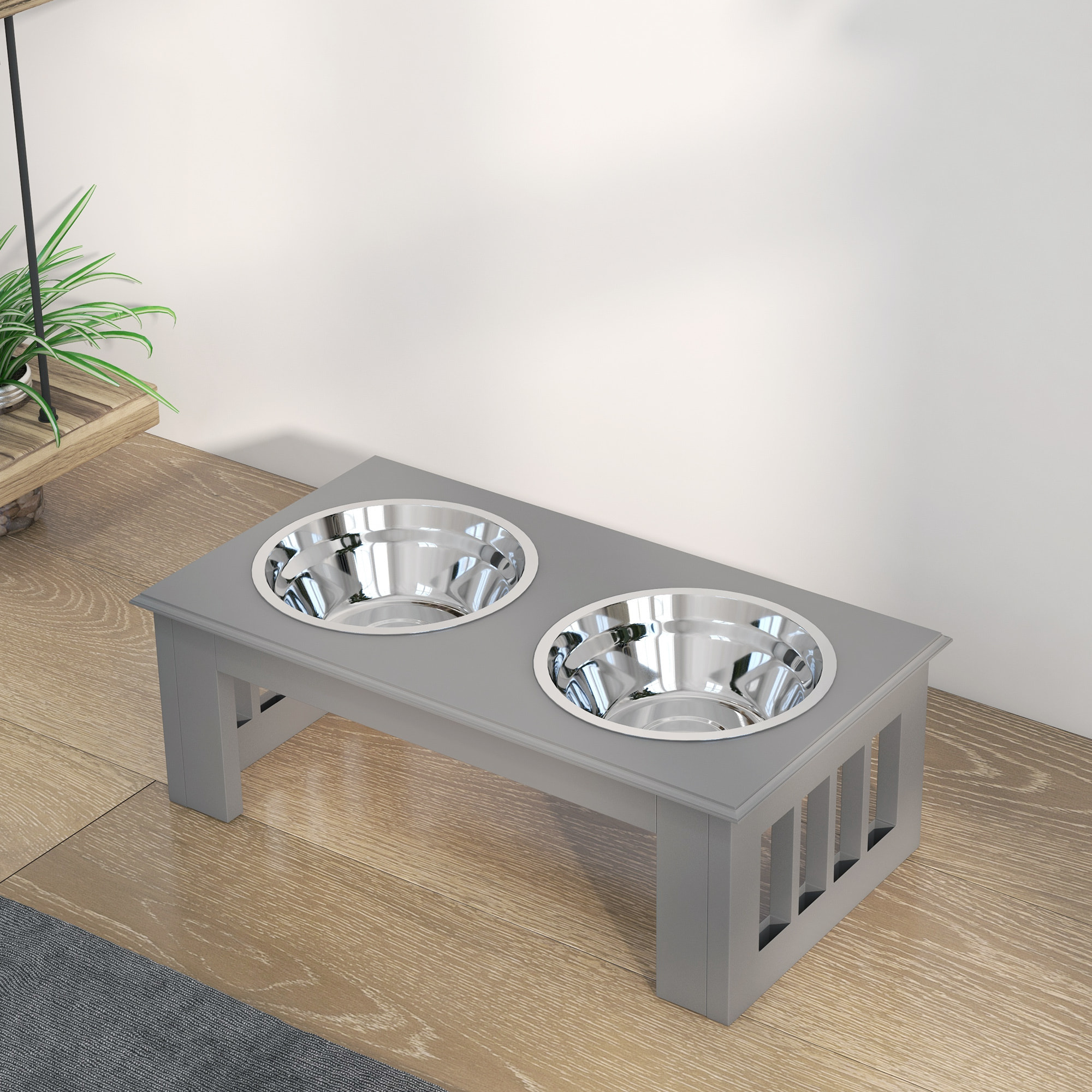 Comedero Elevado para Perros con Soporte y 2 Cuencos Extraíbles de Acero Inoxidable Alimentador para Mascotas Alimento y Agua 44x24x15 cm Gris
