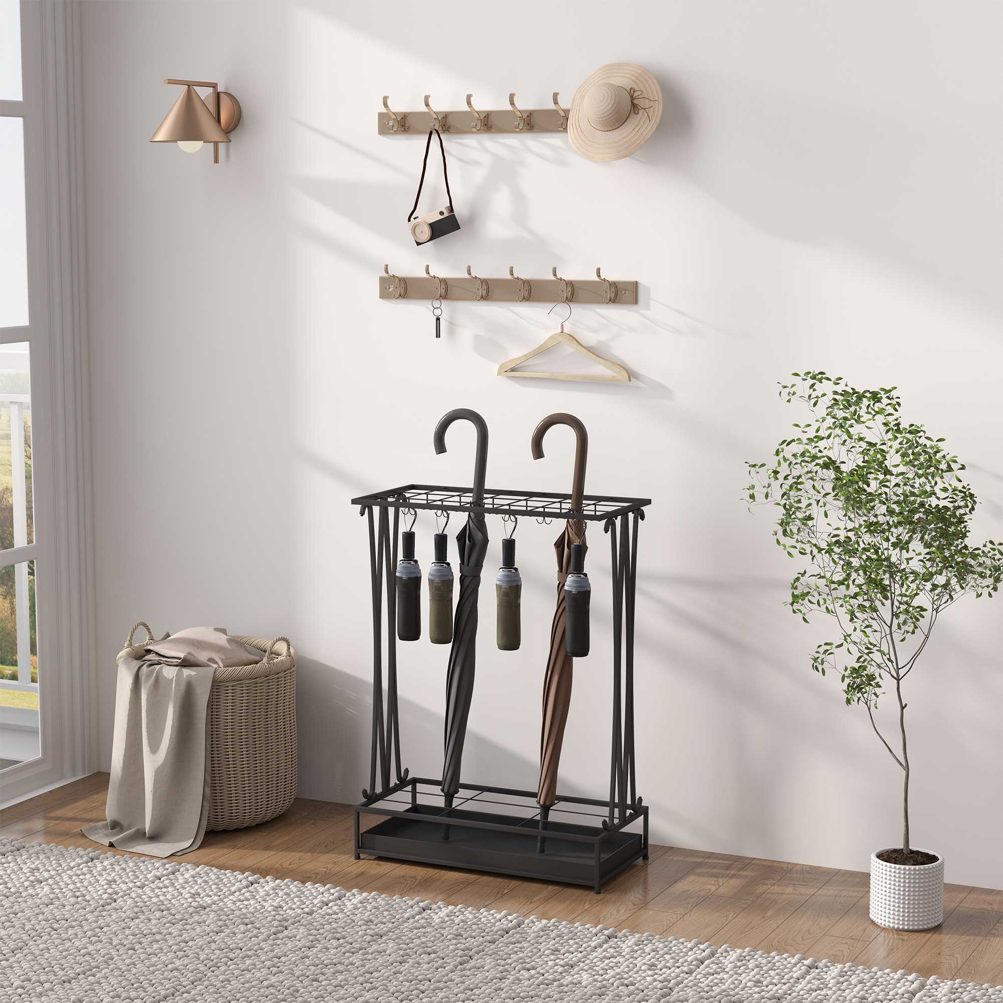 Paragüero Moderno Rectangular Soporte de Paraguas de Acero con 24 Ganchos 21 Espacios y Bandeja Recogegotas Extraíble Paragüero para Entrada Oficina 50x24x68 cm Negro