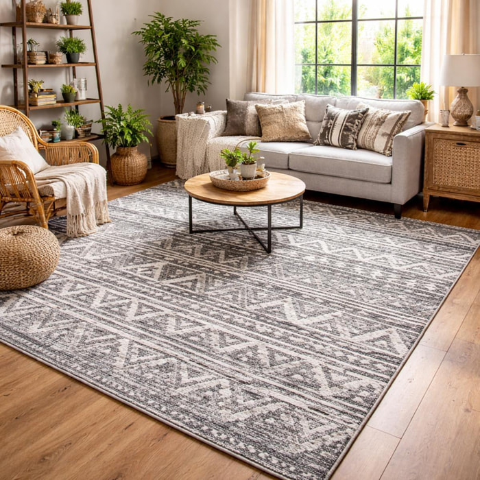 Tapis Gaco en relief dessin ethnique géométrique, couleur gris et blanc