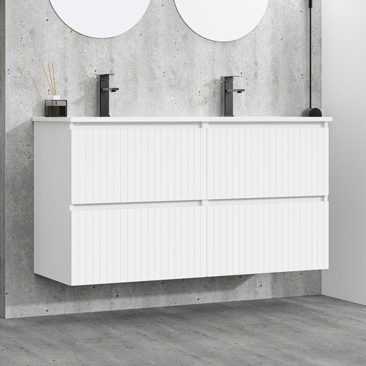 Ensemble de Salle de Bain Miya | 120 cm Blanc | Quatre Tiroirs | Lavabo Encastré | N'inclut pas le Miroir | Alday