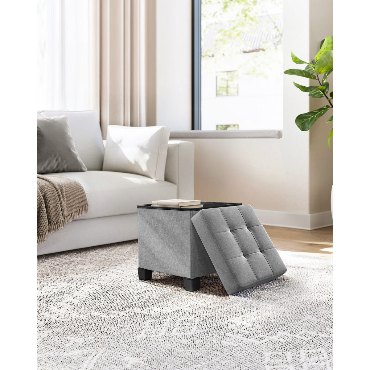 Pouf contenitore pieghevole grigio chiaro in tessuto effetto lino